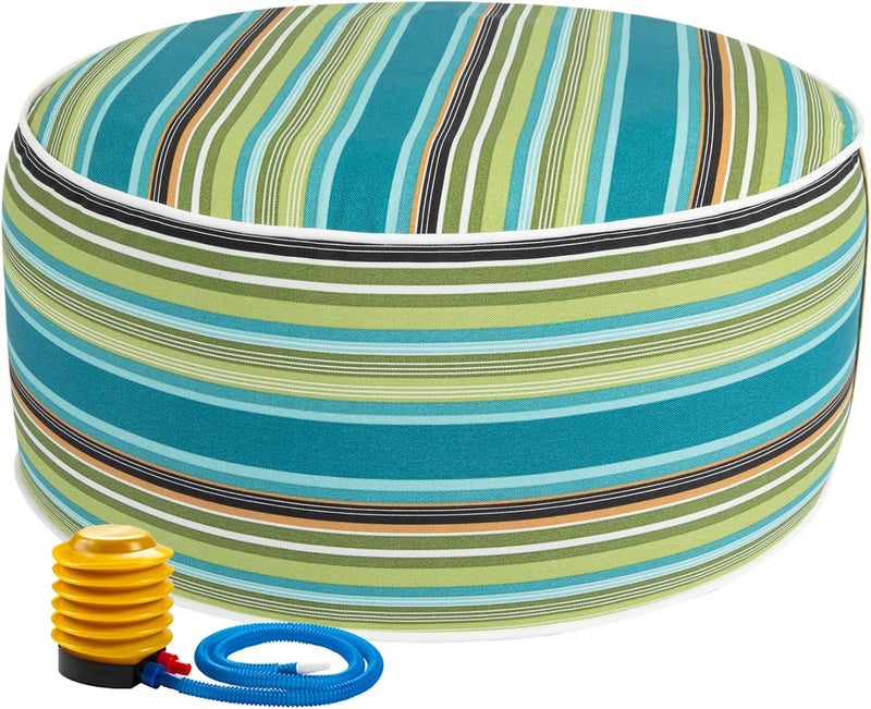FUNHOME Inflatable Outdoor Ottoman with Air Pump,20"x9" Portable Patio Pouf,Water Resistant,Fade-Resistant,Round Blow Up Footrest Stools for Home Garden Camping Travel(Green Stripe) - Image 1